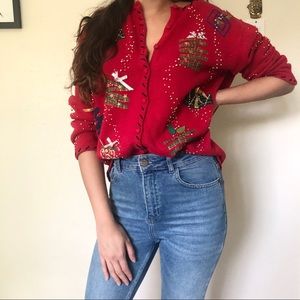 Vintage Christmas Present Knit Red Cardigan